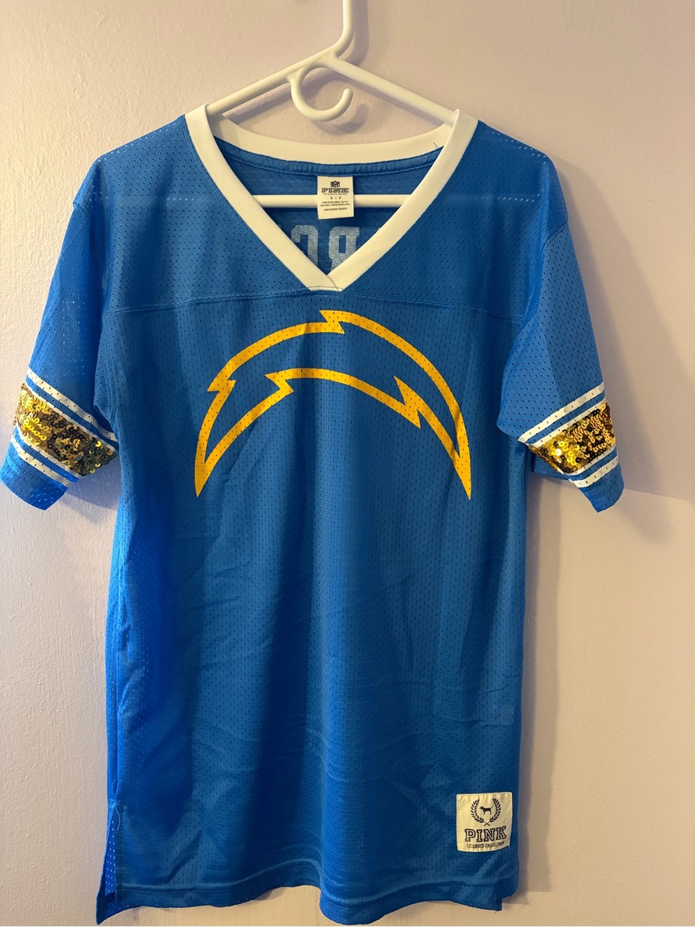 Chargers PINK Victoria's Secret Blue & Yellow Sequin Sleeve Jersey